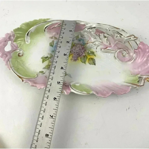 VTG Pink Green Porcelain Celery Dish Cut Out Handles Gold Accent Estate Find - Picture 13 of 14